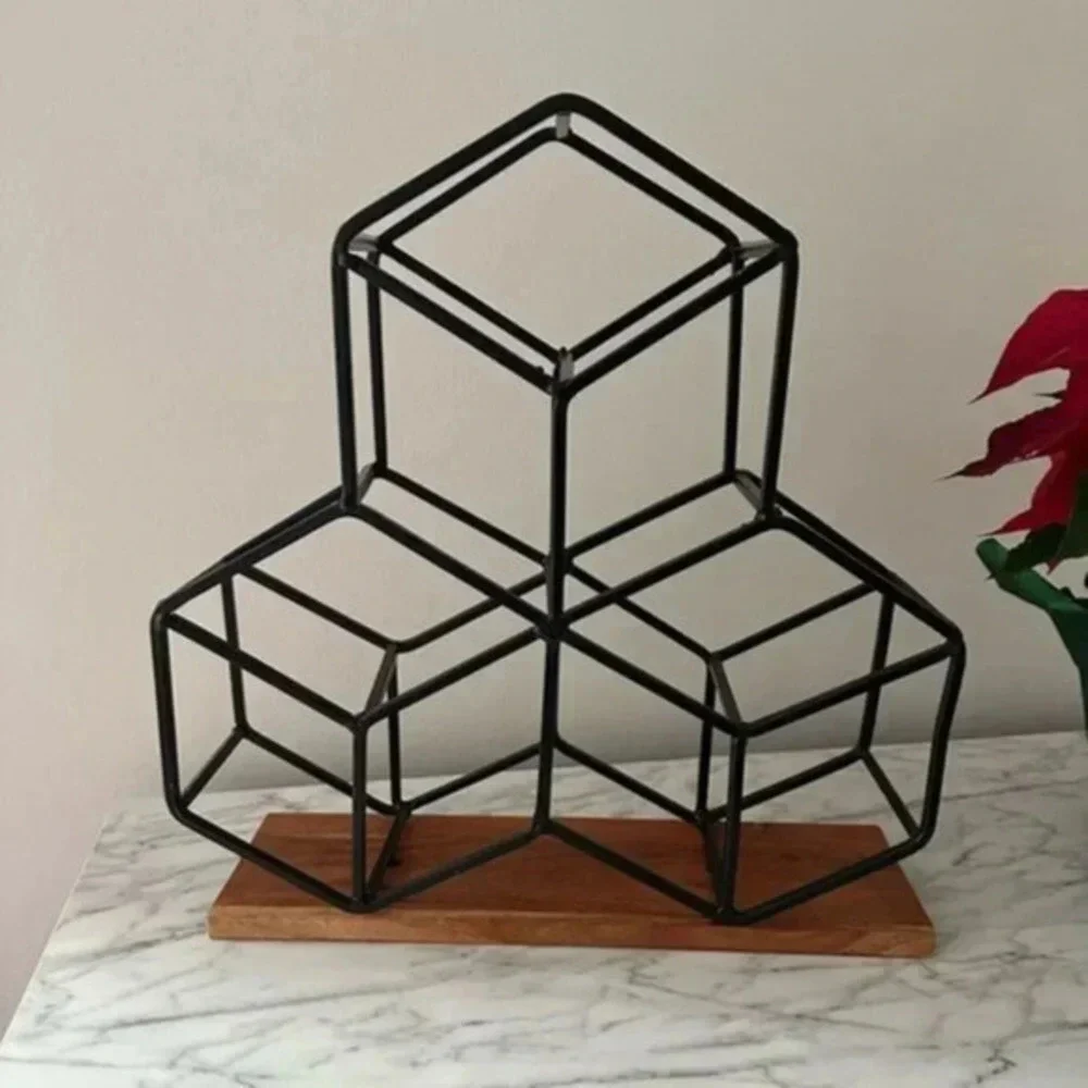 Wooden and metal bottle holder holds 9 bottles geometric shaped NWOT